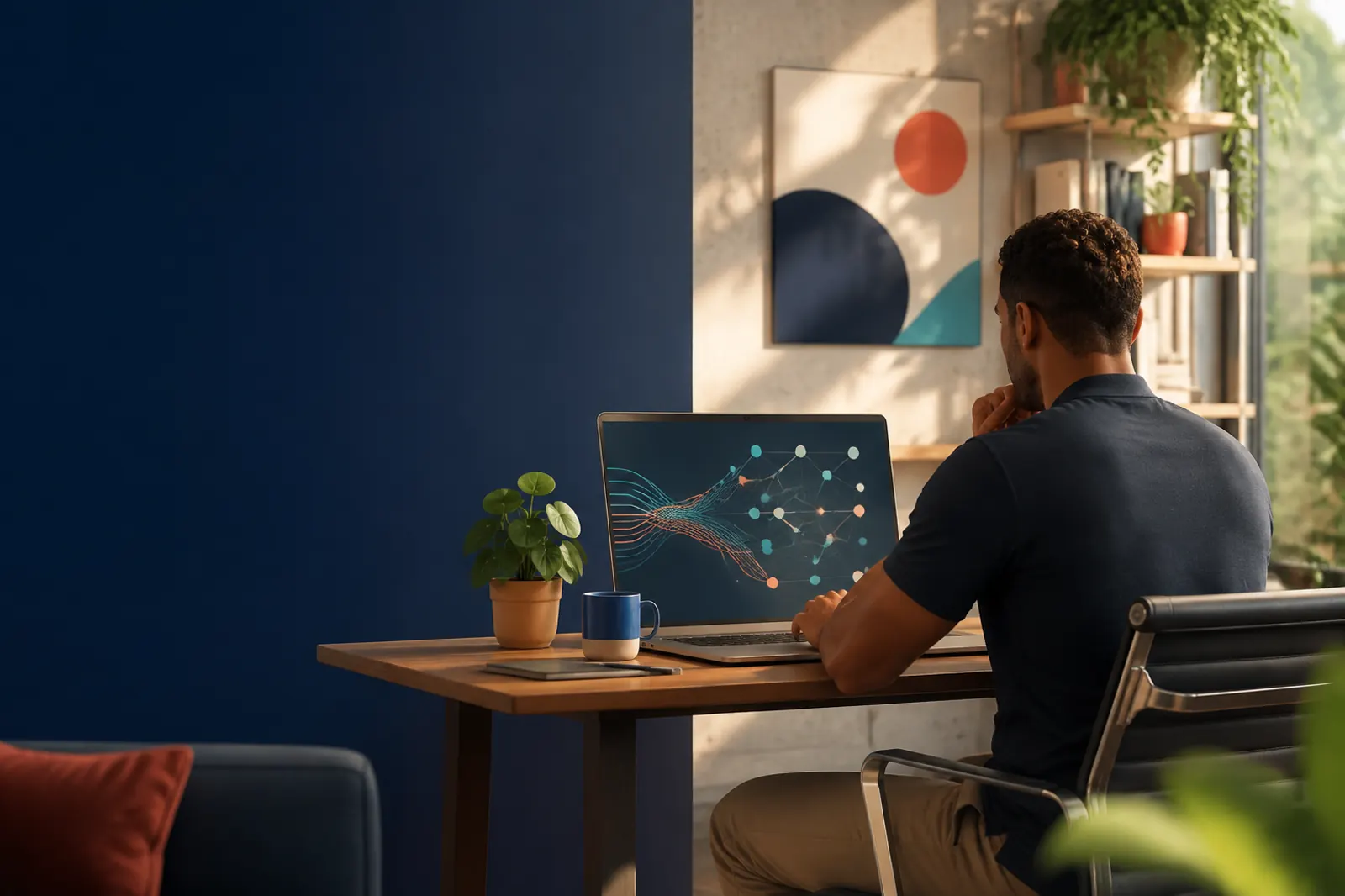 Aluno adulto brasileiro estudando inteligência artificial em um espaço de trabalho acolhedor